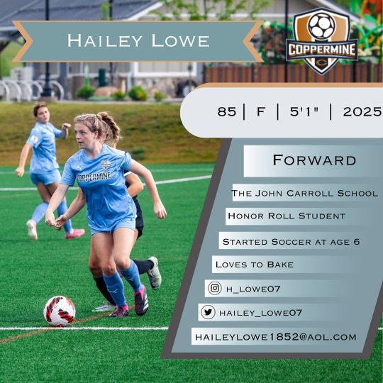 CoppermineE6407's tweet photo. PLAYER PROFILE ALERT!

Almost game time, so for our penultimate spotlight, meet Hailey! She is a nimble forward with exceptional agility, close ball control, and evasive movements. Her ability to navigate through defenses, create scoring opportunities, and link-up play with her teammates make her a constant threat in the attacking third. Hailey's work ethic and positive attitude are a terrific addition to the team.

@NationalLeague @ImYouthSoccer
@SoccerMomInt @ImCollegeSoccer @MSYSA
@BaltNGSoccer @PulseofMDSoccer
@DMVSoccerDotCom @ProScoreSoccer @ncsa
@PrepSoccer @TopPreps @TopDrawerSoccer
@TheSoccerWire @SSN_NCAASoccer @copperminecs @Scout_ScottC @usyscups @collegesocfindr @SunilSunderRaj3 @YAthletesF
#FORitALL #ncs23 #WeAreYouthSoccer
