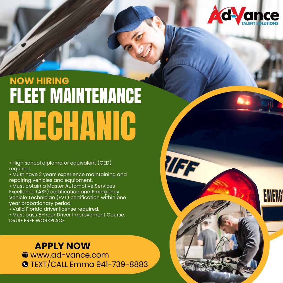 🔧 We're hiring Fleet Maintenance Mechanics at $23.94/hour with GREAT BENEFITS! 💰 Don't miss out on this opportunity and apply now at ad-vance.com! 
#NowHiring #FleetMaintenance #CompetitivePay #GreatBenefits