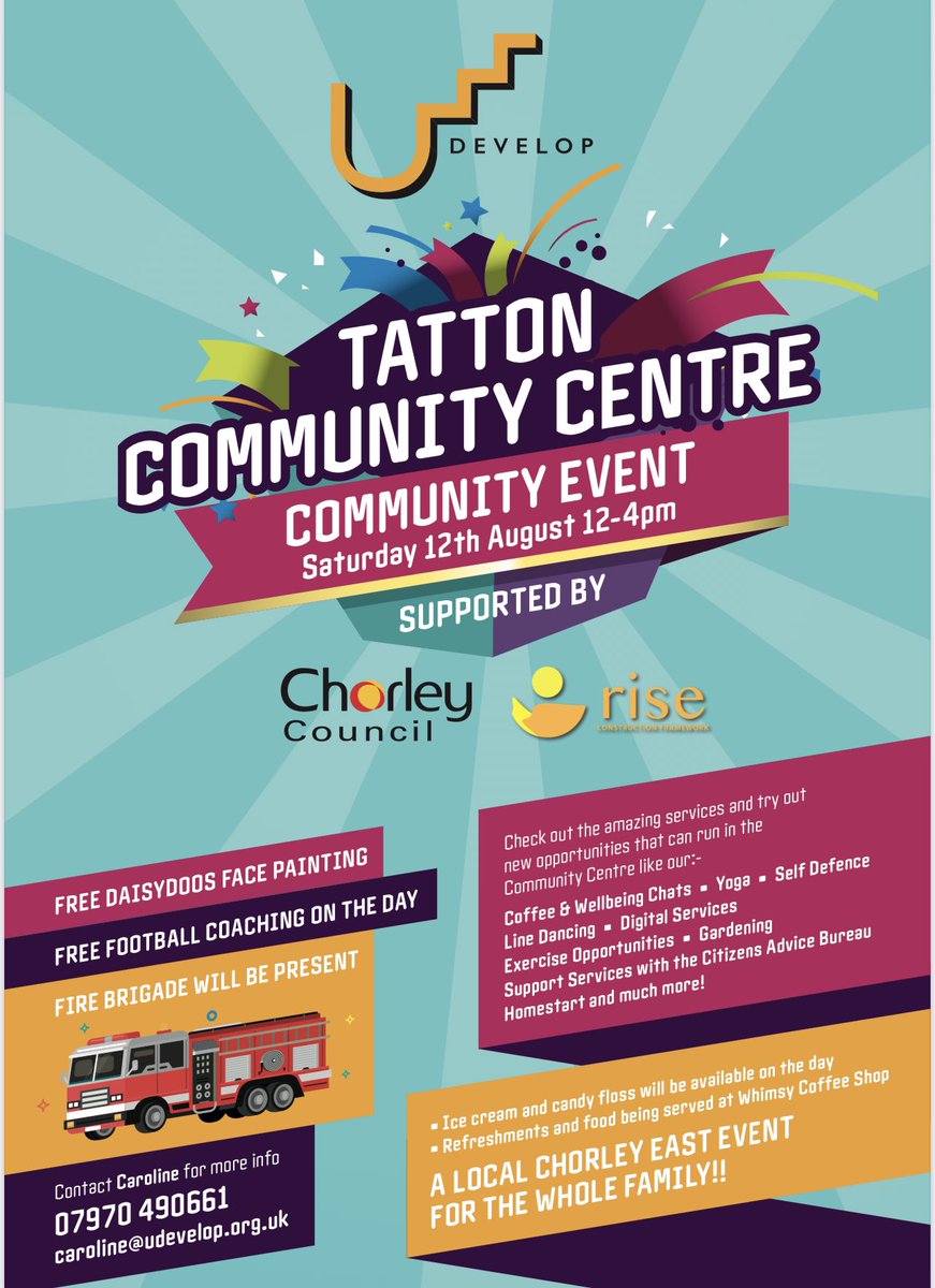 Udevelop4's tweet photo. SAVE THE DATE!! 

SATURDAY 12th AUGUST FROM 12-4pm

UDevelop bring you a day of fun for the whole family!!!

Lots of partner organisations from across Chorley coming together to showcase their work that they can run in the community centre!! @riseframework @ChorleyCouncil https://t.co/ByL4qvKmjf