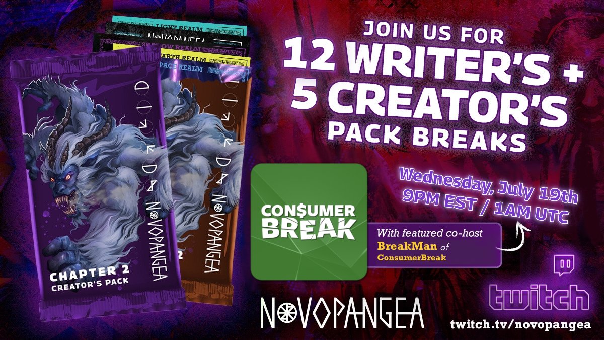 Novopangeaio's tweet image. Join us TONIGHT at 9pm EST / 1am UTC for another EPIC Pack Break with Featured Co-host @ConsumerBreak and learn all about @thenftopia happening in less than 2 weeks! twitch.tv/novopangea

#packbreak #nft #nftgame #packbreaks #play2earn #playtoearn
