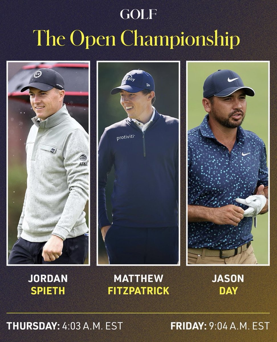 SportsInnoX's tweet photo. 🏌️‍♂️⛳️ Here are the upcoming tee times at the 151st Open! 

*Round 1 (bottom left) and Round 2 (bottom right).*

#SportsInnovationX #TheOpen #TheOpenChampionship #GolfChampionship https://t.co/MAESOQwdyG