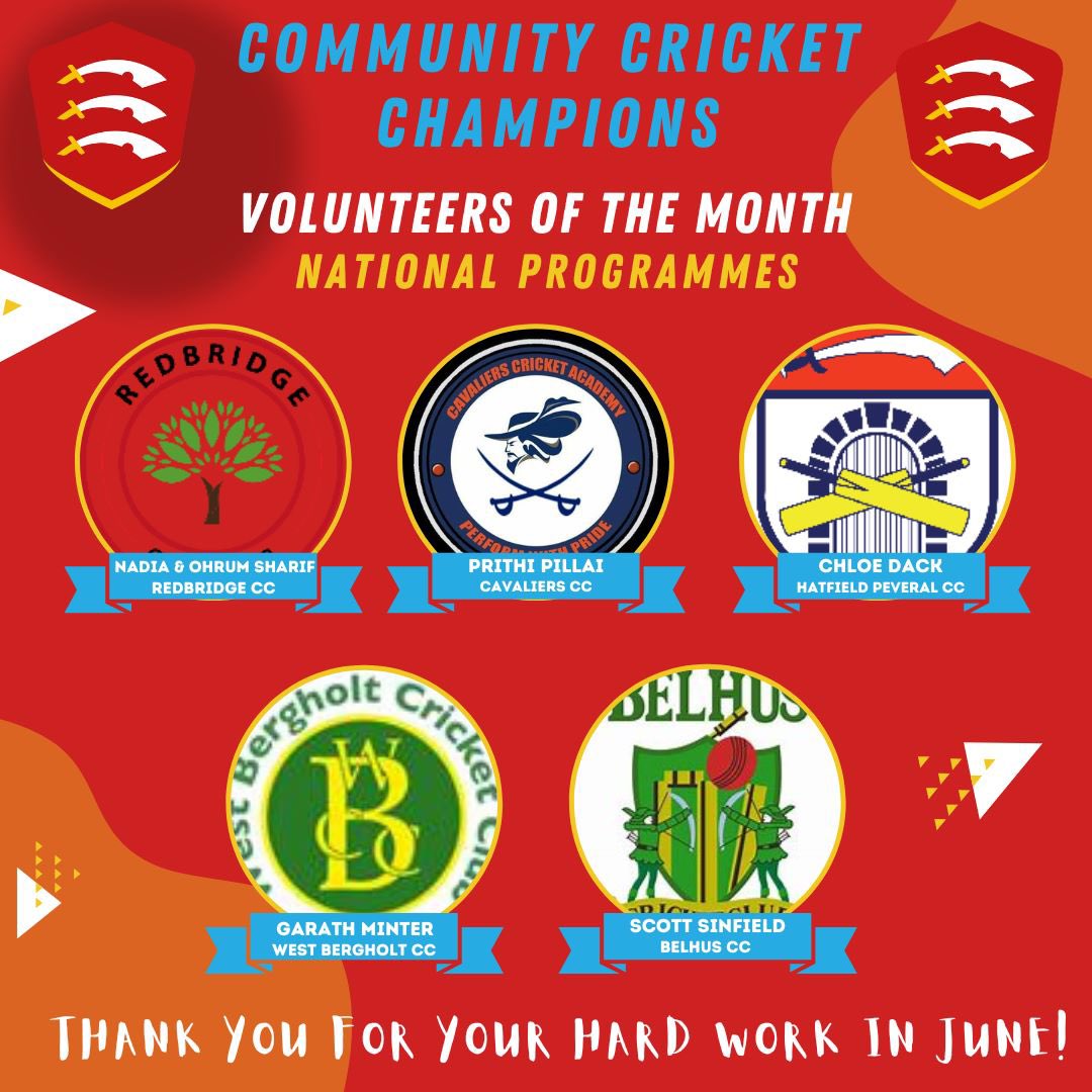 A special thank you to our ECIC Community Cricket Champions for June 🦅 

➡️ Nadia &amp; Ohrum Sharif <a href="/RedbridgeCrkt/">Redbridge Cricket Club</a> 
➡️ Prithi Pallai <a href="/CricCavaliers/">Cavaliers Cricket</a> 
➡️ Chloe Dack - <a href="/Hatpevcc/">🏏 Hatfield Peverel CC 🏏</a>  
➡️ Gareth Minter @WBCCColts 
➡ Scott Sinfield <a href="/BelhusCC/">Belhus Cricket Club</a> 

essexcricket.org.uk/2023/07/19/com…