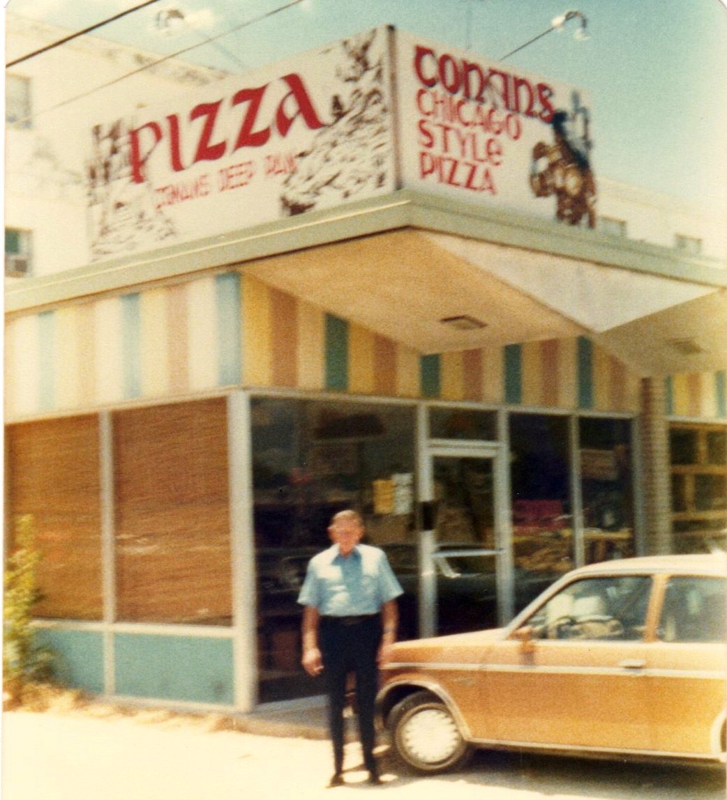ConansPizza's tweet photo. Today, 47 years ago, Conans sold Austin’s 1st Deep Pan Pizza. Not long after, Dad’s Dad George came to see what his son had accomplished. Clearly having fun, right? Grumppa would be 100 tomorrow. And had he not threatened to cut Dad’s hair, Conans may have never been! Happy Bday! https://t.co/d4zv4TqY3i