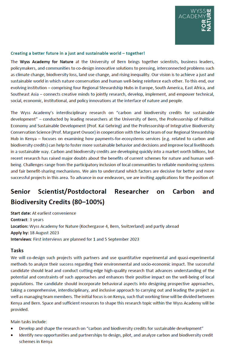 KaiGehring1's tweet photo. JOB ALERT #EconTwitter 

We are looking for a senior researcher/Postdoc to help us build up our research activities on carbon and biodiversity credits. 

Excellent working conditions at the University of Bern and sufficient funding available to develop a strong research portfolio https://t.co/ttc4999EcZ