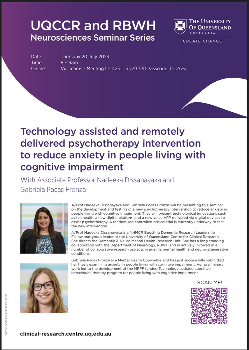 Tune into #UQCCR & RBWH Neurosciences Seminar this morning at 8am to hear about #MyAnxietyCare @UQMedicine @UQHealth @UQ_News @AusDementiaEMCR @ADNeT_Australia