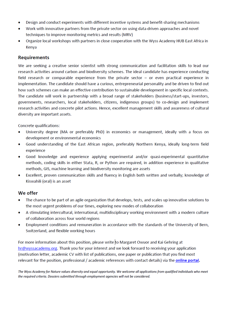 KaiGehring1's tweet photo. JOB ALERT #EconTwitter 

We are looking for a senior researcher/Postdoc to help us build up our research activities on carbon and biodiversity credits. 

Excellent working conditions at the University of Bern and sufficient funding available to develop a strong research portfolio https://t.co/ttc4999EcZ