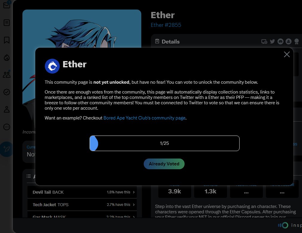 Yo!

My Ether mfers, I'm trying to get Ether on <a href="/nftinspect/">Inspect DAO</a>.

1. Go to their site.
2. Download the chrome extension.
3. Find any MFer on twitter with an ether pfp.
4. Click the Ethereum Logo in their pfp.
5. Vote for ether to be a collection on NFT Inspect.