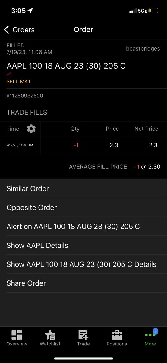 Dylobart's tweet photo. sold one of the two apple contracts at 2.30 after crazy bull run 250% percent return. holding the other contract for next momentum run or earning report. https://t.co/dR2ei2dvK3