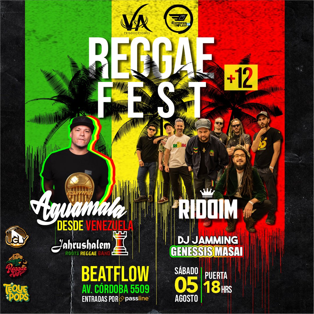 Llega la Primera Edición del #ReggaeFest a #BuenosAires. Directo de Venezuela c el toque caribeño <a href="/AGUAMALAREGGAE/">IG: AGUAMALAREGGAE</a>. Representando a Argentina <a href="/RiddimReggae/">RIDDIM</a>. Con la participación de <a href="/JAHRUSHALEM/">JAHRUSHALEM</a>  @genessismasai y @jammingdj
Sab 5/8 <a href="/beatflowbsas/">Beatflow</a> 
Entradas passline.com/eventos/reggae…