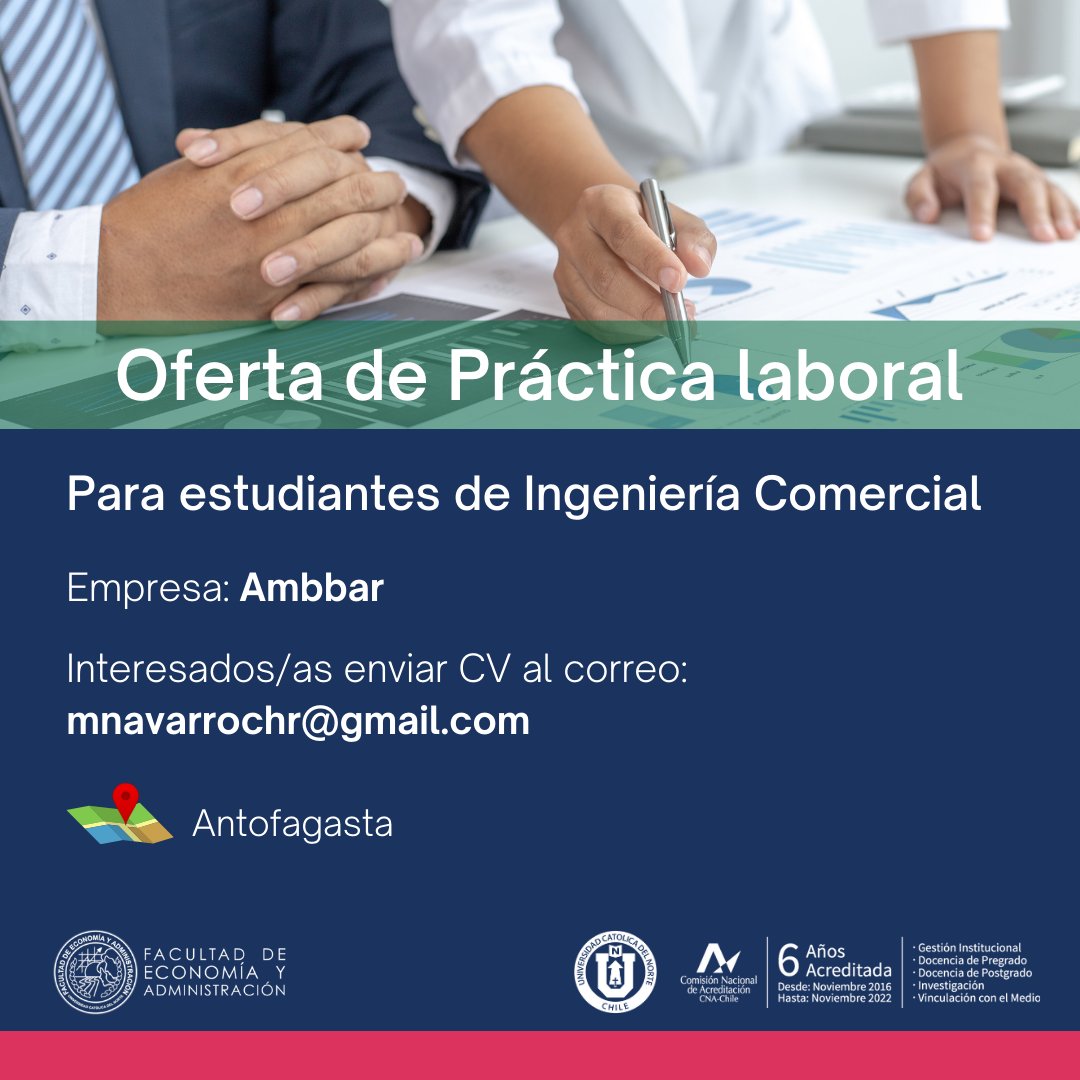 La empresa Ambbar Restobar, se encuentra en la búsqueda de estudiantes en práctica de la carrera de Ingeniería comercial. Interesad@s deben enviar su CV al correo indicado en la imagen.