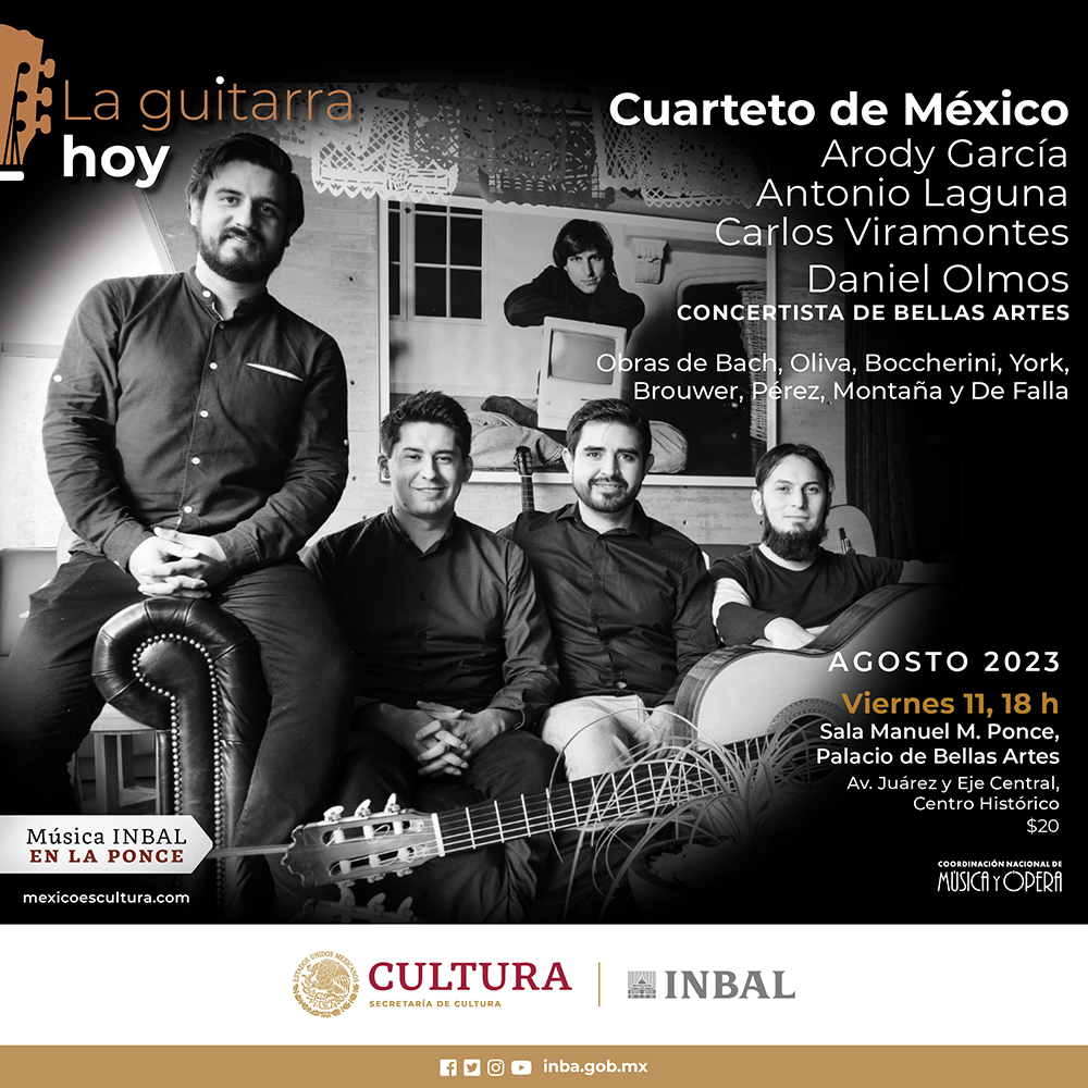 Como parte del Ciclo “La Guitarra Hoy”, el Cuarteto de México nos tiene preparado un concierto con obras de #Bach, Oliva, #Brouwer, entre otros. La cita es el viernes 11 de agosto a las 18 h en la #SalaPonce del @PalacioOficial. Boletos en taquilla y en bit.ly/3Y2En4H