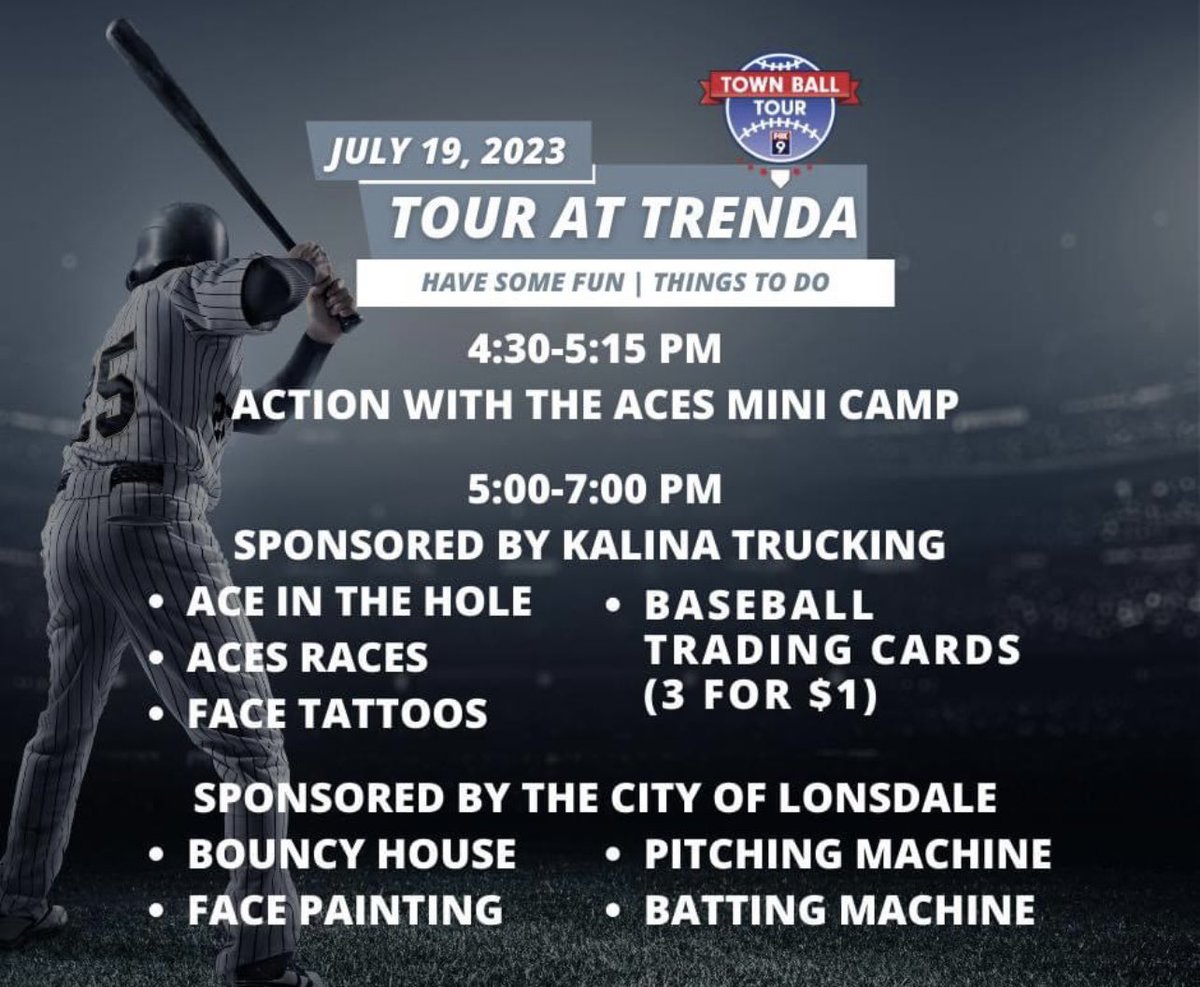 LonsdaleAces's tweet photo. Things are starting to come together. **Aces vs. Norwood @ 7pm.**

Gates open at 4:30. 
See you all there shortly! 
#Fox9TownBallTour @FOX9 
#AcesRoll https://t.co/a3sqsSVRGV