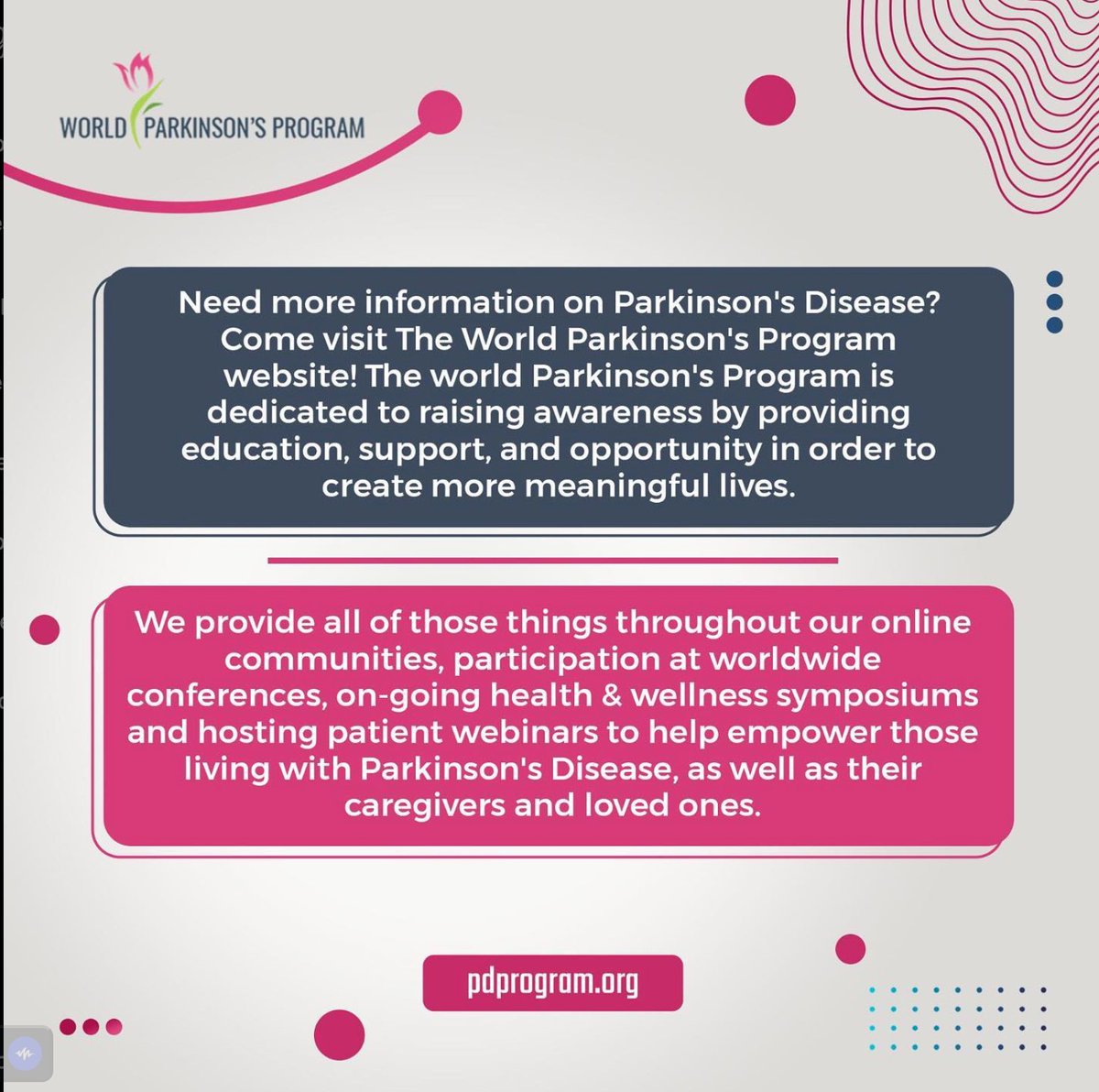 Want to learn more about Parkinson’s Disease?

Make sure to check out our website for more information on symptoms and resources, including free access to Parkinson’s educational brochures and video lectures in multiple languages.

pdprogram.org/education/