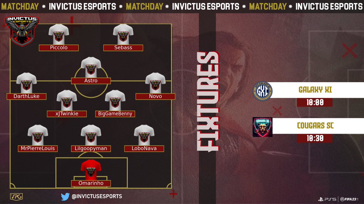 Inv1ctusEsports's tweet photo. Our Starting XI for tonight’s @OfficialVPG Summer Cup games against Galaxy XI and Cougars SC! https://t.co/WSBelrxDJm