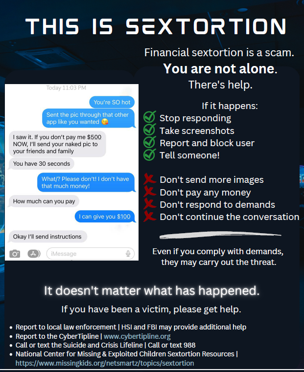 LVMPD's tweet photo. SEXTORTION:

Please teach your kids about meeting people over the internet or sharing intimate images of themselves. 

Here are quick tips: https://t.co/sfwb9efcyy
Visit our website: https://t.co/p95ED2IsaU  for more information. #cyberawareness #lvmpd https://t.co/IgGl07MR6r