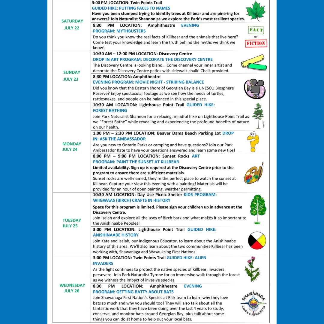 KillbearPP's tweet image. It&apos;s a busy week at Killbear! Check out the events happening from July 19-26. 

Friday is #HPHP, so enjoy free day use while spending time in nature!