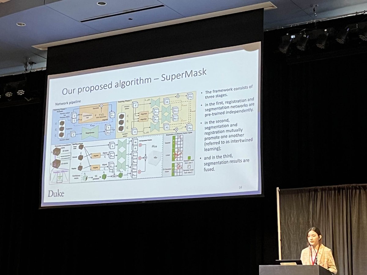 MazurowskiLab's tweet photo. Check out our Ph.D. student @Hanxue99893888 presenting the very first oral talk at #MIDL2023 last week! Her paper is "SuperMask: Generating High-resolution object masks from multi-view, unaligned low-resolution MRIs", found here: https://t.co/IBKB8DC4Jw https://t.co/R18B5u1qVx