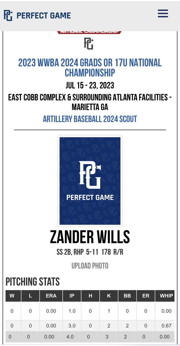 Zander Wills (@zander_wills) on Twitter photo Played up this week in the WWBA National Championship, and had some great appearances on the bump! 4-0 so far! <a href="/ArtilleryBASE/">Artillery Baseball</a>
4IP
0H
3K
0ER
Velo: 84-86 T87 Played up this week in the WWBA National Championship, and had some great appearances on the bump! 4-0 so far! <a href="/ArtilleryBASE/">Artillery Baseball</a>
4IP
0H
3K
0ER
Velo: 84-86 T87