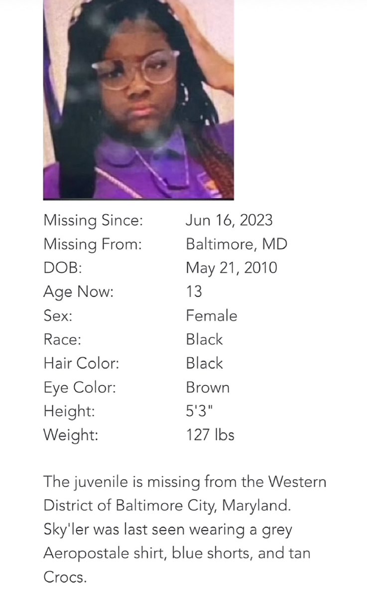 Drebae_'s tweet photo. Skylar Sparrow is STILL missing she is only 13 and was last seen in Baltimore Maryland. If you have any info contact Baltimore PD. She has not been seen since June https://t.co/kavb7R83yo