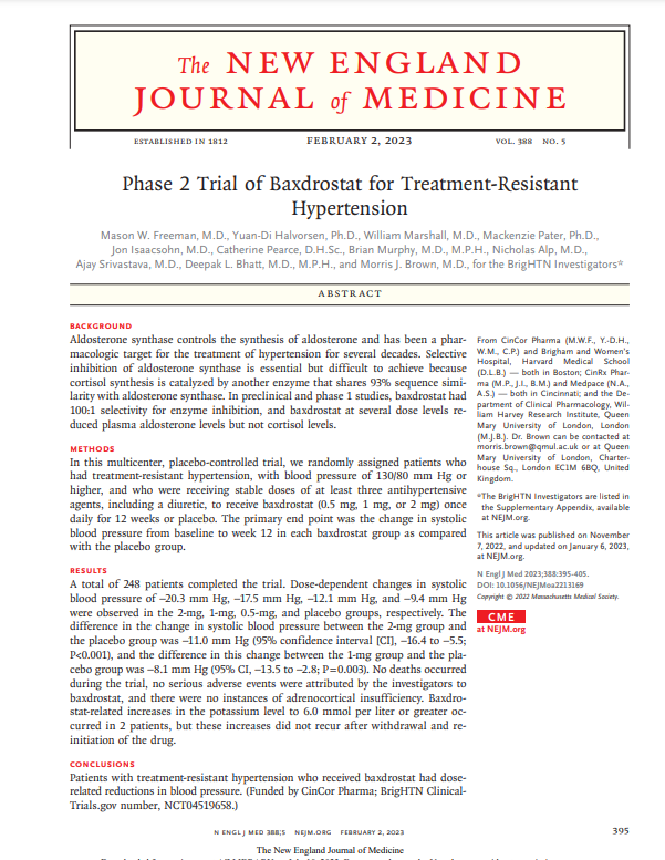 Aldosterone and Treatment resistant hypertension ca. 2023 from @NEJM #Nephpearls 📌 Phase 2 Trial of Baxdrostat for Treatment-Resistant Hypertension 👉 nejm.org/doi/full/10.10… Editorial 👉 nejm.org/doi/full/10.10…