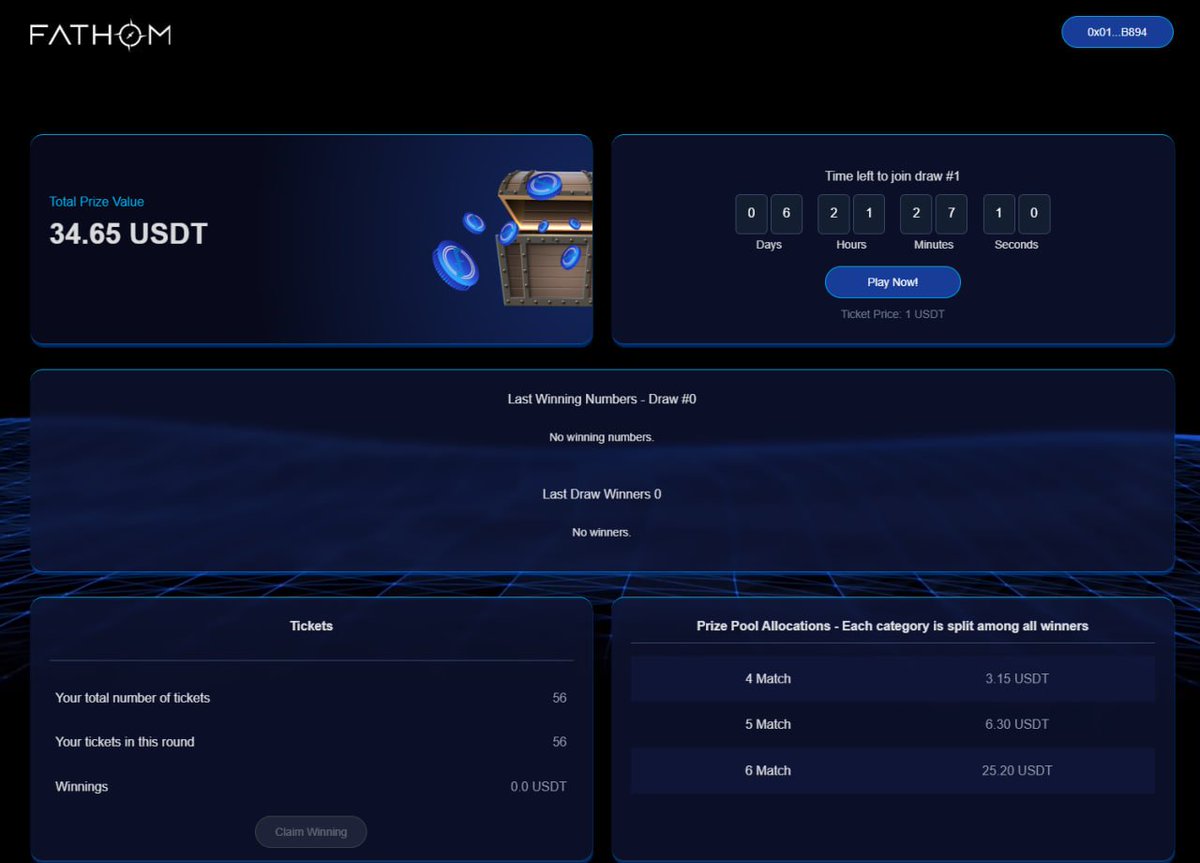 Hey $Fathom fam!

#DeFi is a #Gamble, right?  Then let's gamble.

Introducing the first game in our ecosystem - the #Lottery! games.fathom.finance

1 USDT per ticket. 

Utilizing #Chainlink oracles for the random selection of numbers.
Best odds to win the jackpot! 1 in 736281!