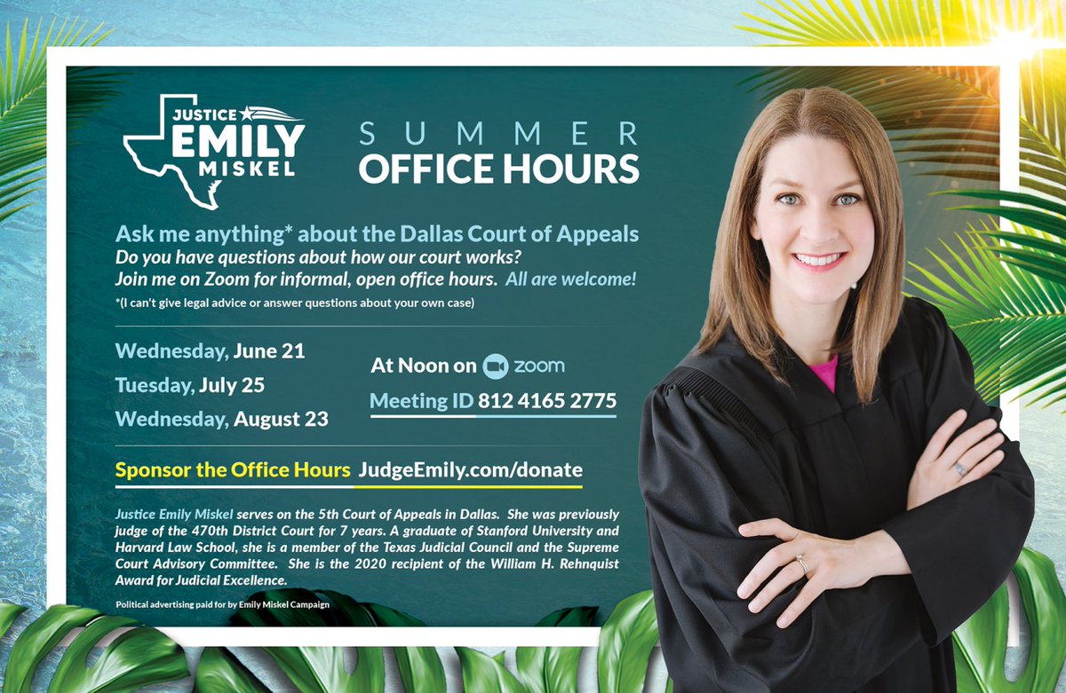 emilymiskel's tweet photo. Do you have questions about how our court of appeals works? Join me Tuesday at noon on Zoom for Office Hours! All are welcome, and no question is too small.
More info and sponsorship link here:  https://t.co/0EueOy02CT https://t.co/hIXZnJVSKz