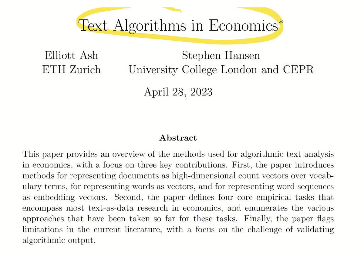 Giuseppe Cavaliere (@cavalieregiu) on Twitter photo Hi #EconTwitter!
Interested in the basics of πππ±π ππ§ππ₯π²π¬π’π¬ for #economics? ππ
You can't miss the essential survey in JEL by Gentzkov, Kelly & Taddy (2019), and this new one by Ash & <a href="/StephenEKHansen/">Stephen Hansen</a> (2023)!
Perfect entry to the field - Dive in! ππ Hi #EconTwitter!
Interested in the basics of πππ±π ππ§ππ₯π²π¬π’π¬ for #economics? ππ
You can't miss the essential survey in JEL by Gentzkov, Kelly & Taddy (2019), and this new one by Ash & <a href="/StephenEKHansen/">Stephen Hansen</a> (2023)!
Perfect entry to the field - Dive in! ππ