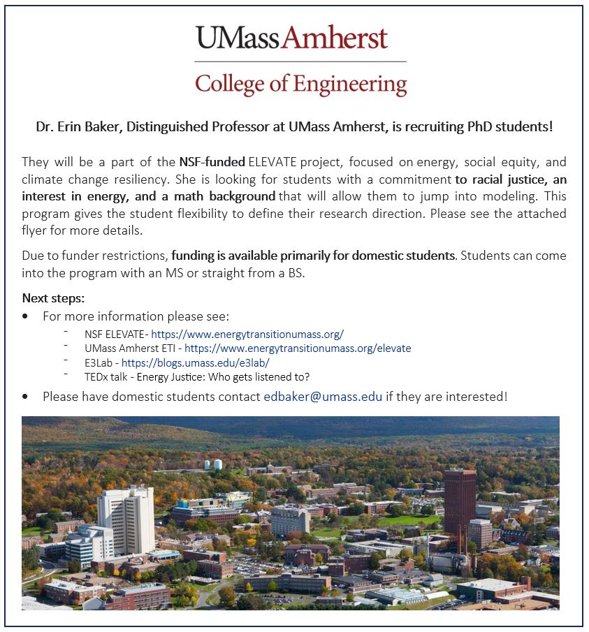 💡 📚 Ph.D. FUNDING ALERT @ErinBakerEnergy @ElevateUMass >>> blogs.umass.edu/e3lab/contact/ Energy modeling is a huge field that accommodates folks with backgrounds in engineering, economics, public policy, mathematics, physics, and more! ⚡️