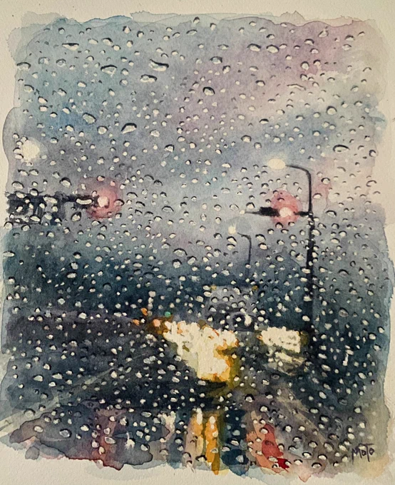 『 橋の上 』 透明水彩 ワトソン紙 #水彩 #水滴 #丹波島橋