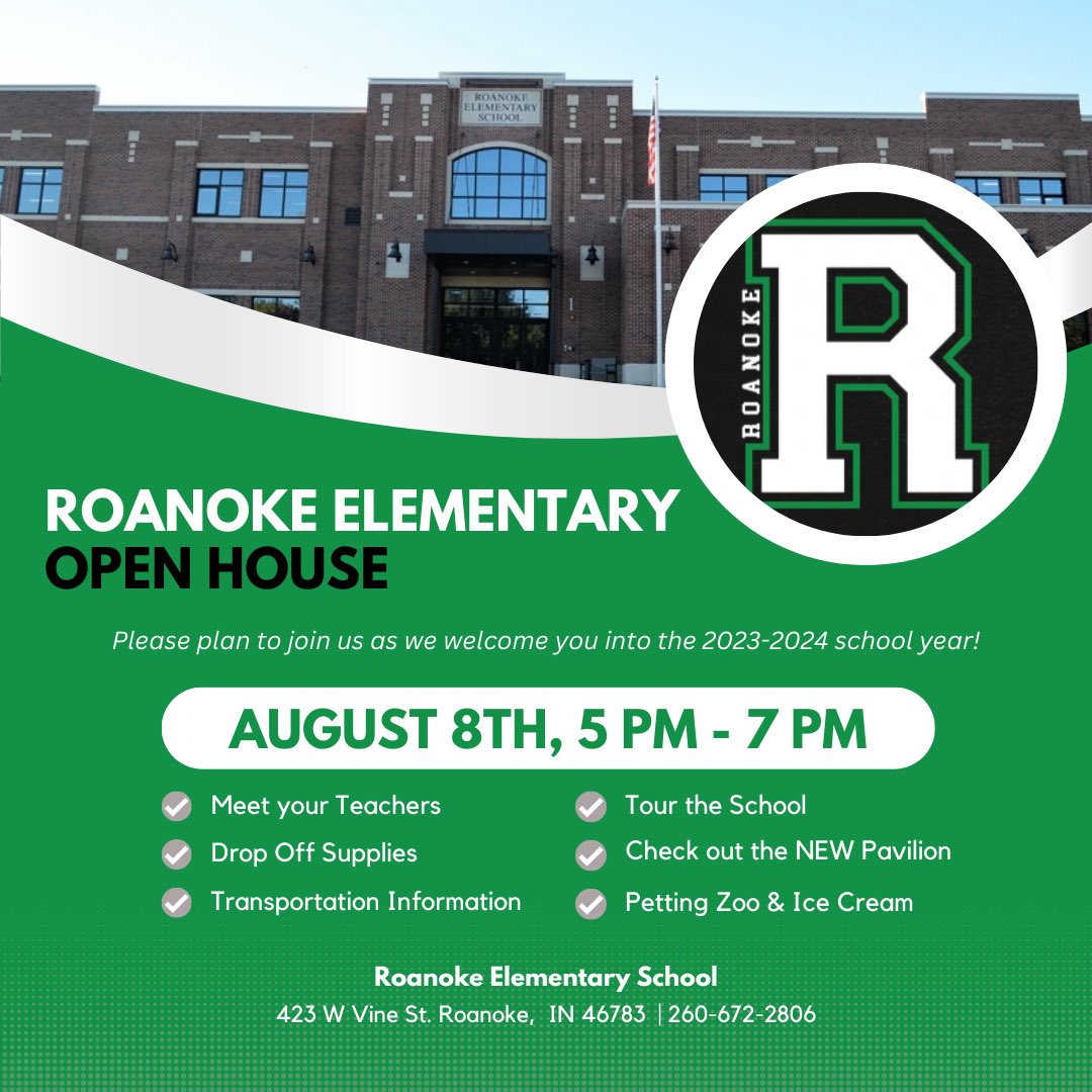 See you on Tuesday, August 8 for Open House Night!  

First day of school is Wednesday, August 9 (regular start time/no delay).

We will have a free petting zoo set up under our NEW pavilion and Whip &amp; Chill Ice Cream available for purchase.