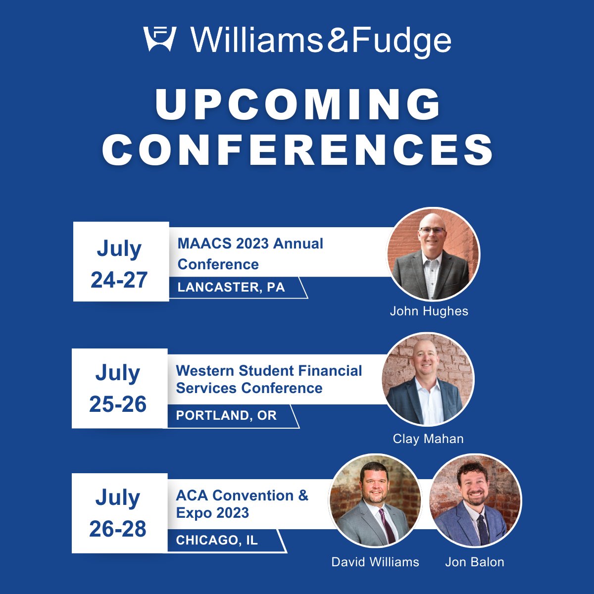 williamsfudge's tweet photo. We have an exciting week of conferences next week as John Hughes, Clay Mahan, David Williams, Jon Balon and more from our W&F team travel across the U.S! #WFConnects #WFEducates #ACACONV23 #MAACS #WSFS #Networking @ACAIntl https://t.co/dgZUMC1qOY