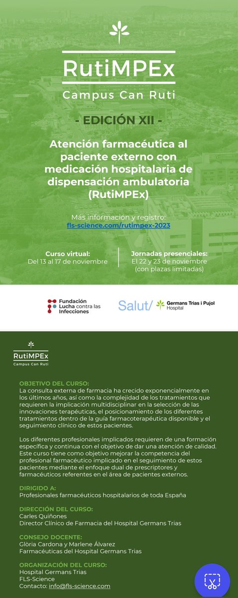 bielmercadal1's tweet photo. ➕️Un año más, será un placer participar
en el curso #Rutimpex 2023 @GermansTriasFH para profundizar en el seguimiento farmacoterapeutico en IMIDs
✅️Agradecido a @carlesqr por la confianza
🌟Felicidades por la XII edición:) https://t.co/4FHPQDErs4