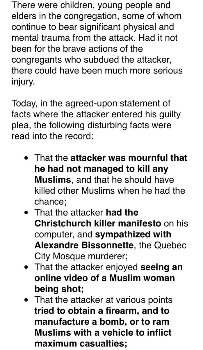 nccm's tweet photo. We are shocked and outraged after revelations were read into the record at the guilty plea of a man who attacked peaceful worshippers at a Mississauga mosque. (1/5) https://t.co/69hluIoZAF