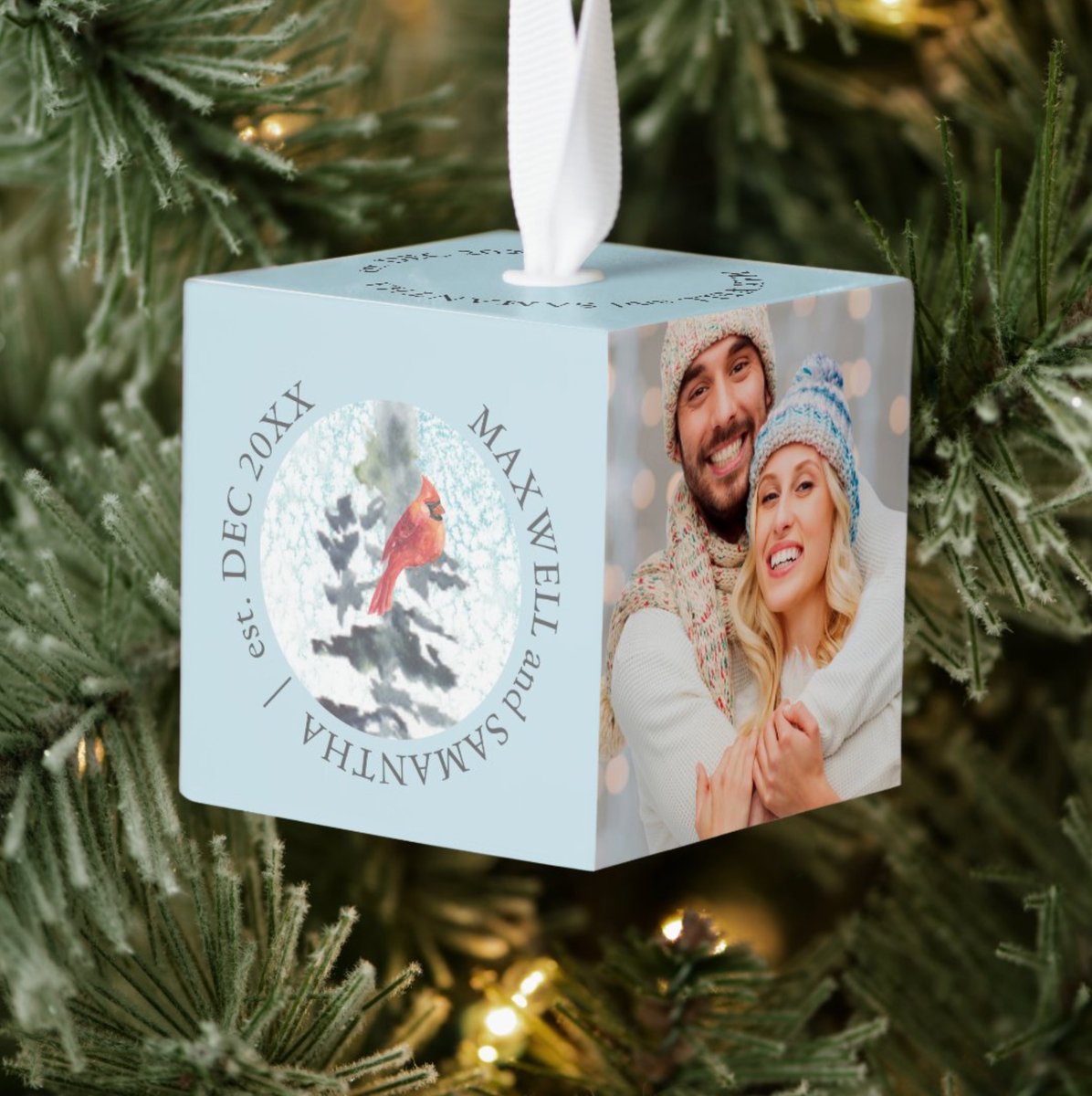 VGInvites's tweet photo. 20% off ends soon. Click to shop this Newlywed Custom First Christmas Photo Cube Ornament https://t.co/K9OV8YNlH2 via @zazzle #ChristmasInJuly #weddingplanning #ZazzleMade https://t.co/oJumen2bz4