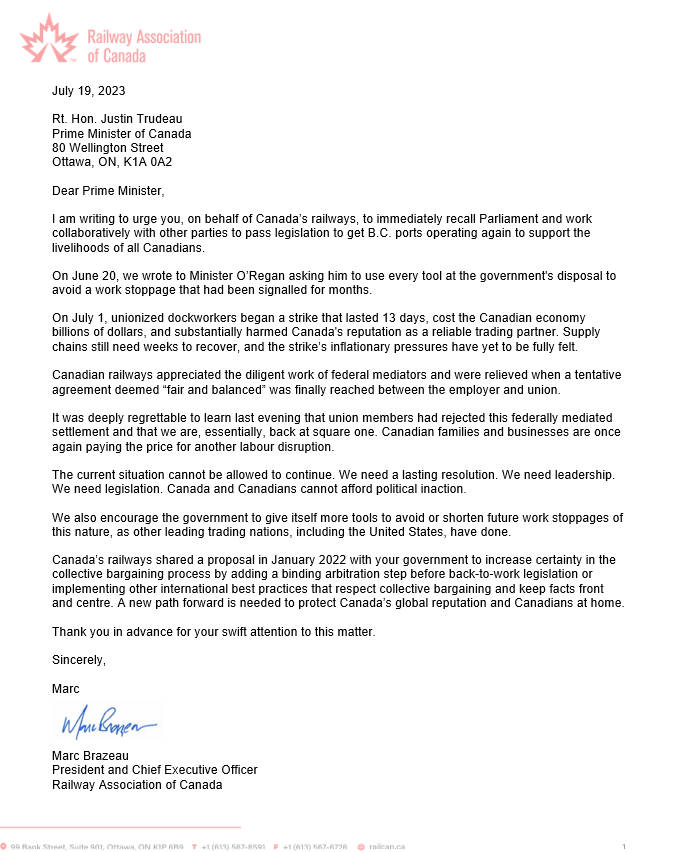 RailCanada's tweet photo. @brazeau_marc's letter to PM @JustinTrudeau on the situation at B.C. ports makes clear the need to immediately recall Parliament. 

We need leadership and legislation to keep goods moving and support the livelihoods of all Canadians.

#cdnpoli #cdnecon #supplychains #trade https://t.co/KmGPjN9xoe