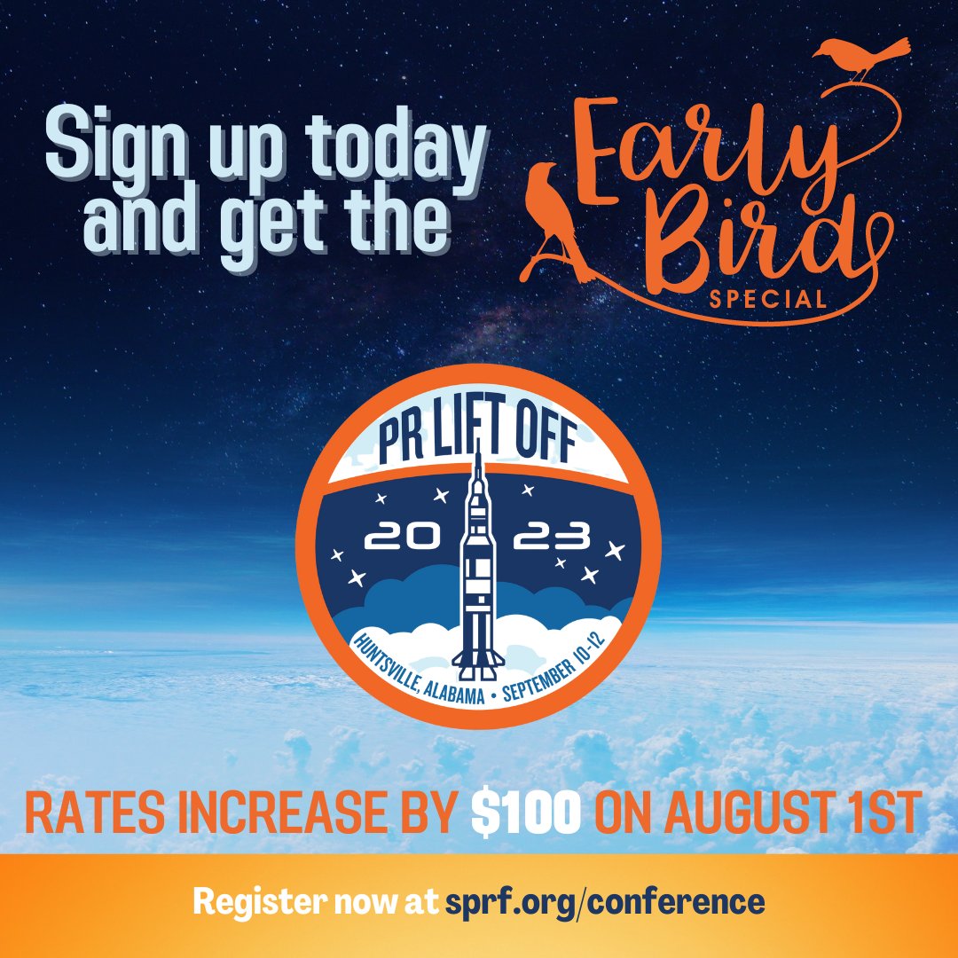 Don't miss out on Early Bird Registration at PR Lift Off. 🙌Registration rates increase by $100 on Tuesday, Aug. 1st for ALL ticket types! 🚀 

REGISTER NOW: sprf.org/conference

You have 13 more days to take advantage of this deal and celebrate SPRF's 50th anniversary!🤩