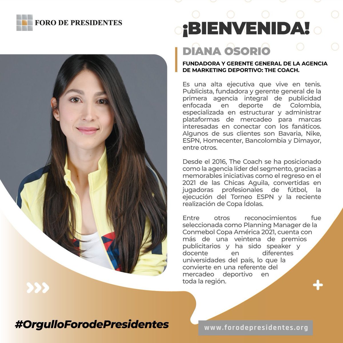 Foropresidentes's tweet photo. El Foro de Presidentes da la bienvenida a  @dianaosorioc_ Fundadora y Gerente General de la agencia de Marketing Deportivo: The Coach a nuestra comunidad empresarial. Diana es #OrgulloForodePresidentes https://t.co/DundkdeHCF
