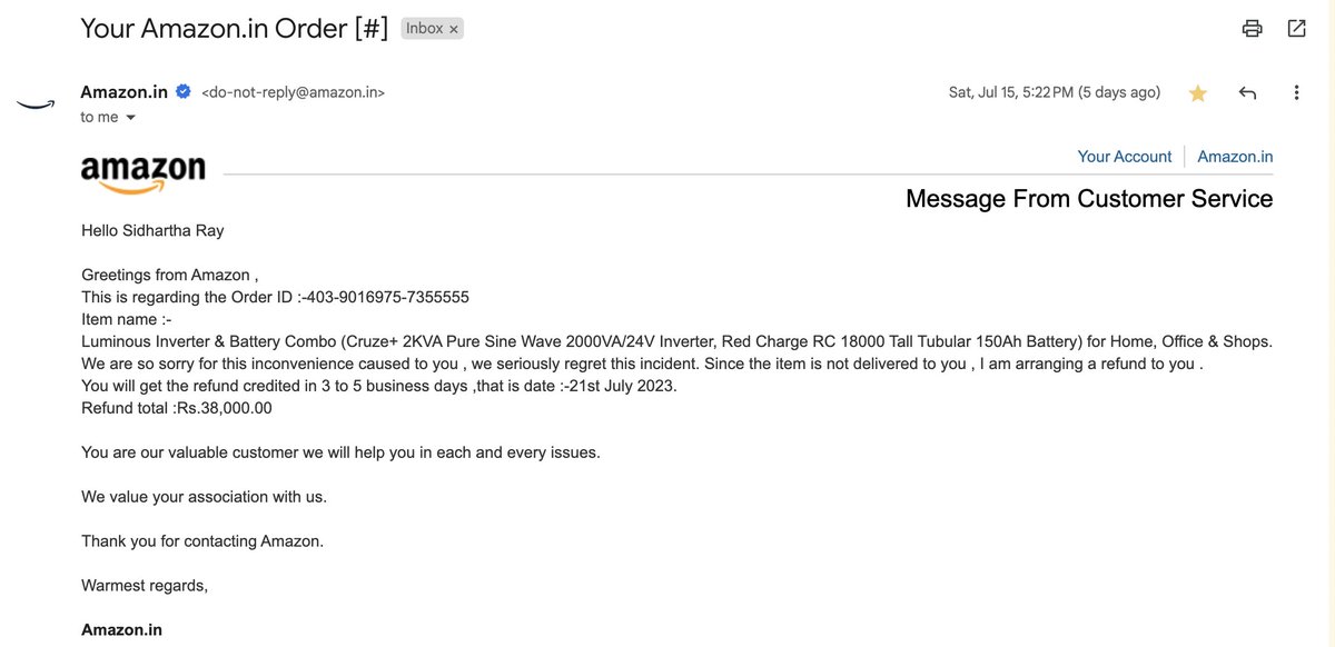 It's been more than a month now, they've sent multiple such emails, broke the SLAs multiple times
<a href="/amazonIN/">Amazon India</a> <a href="/AmazonHelp/">Amazon Help</a> <a href="/PMOIndia/">PMO India</a> <a href="/Consumer2Court/">Consumer Complaints</a> <a href="/jagograhakjago/">Consumer Affairs</a> <a href="/OrganicConsumer/">Organic Consumers Association</a>