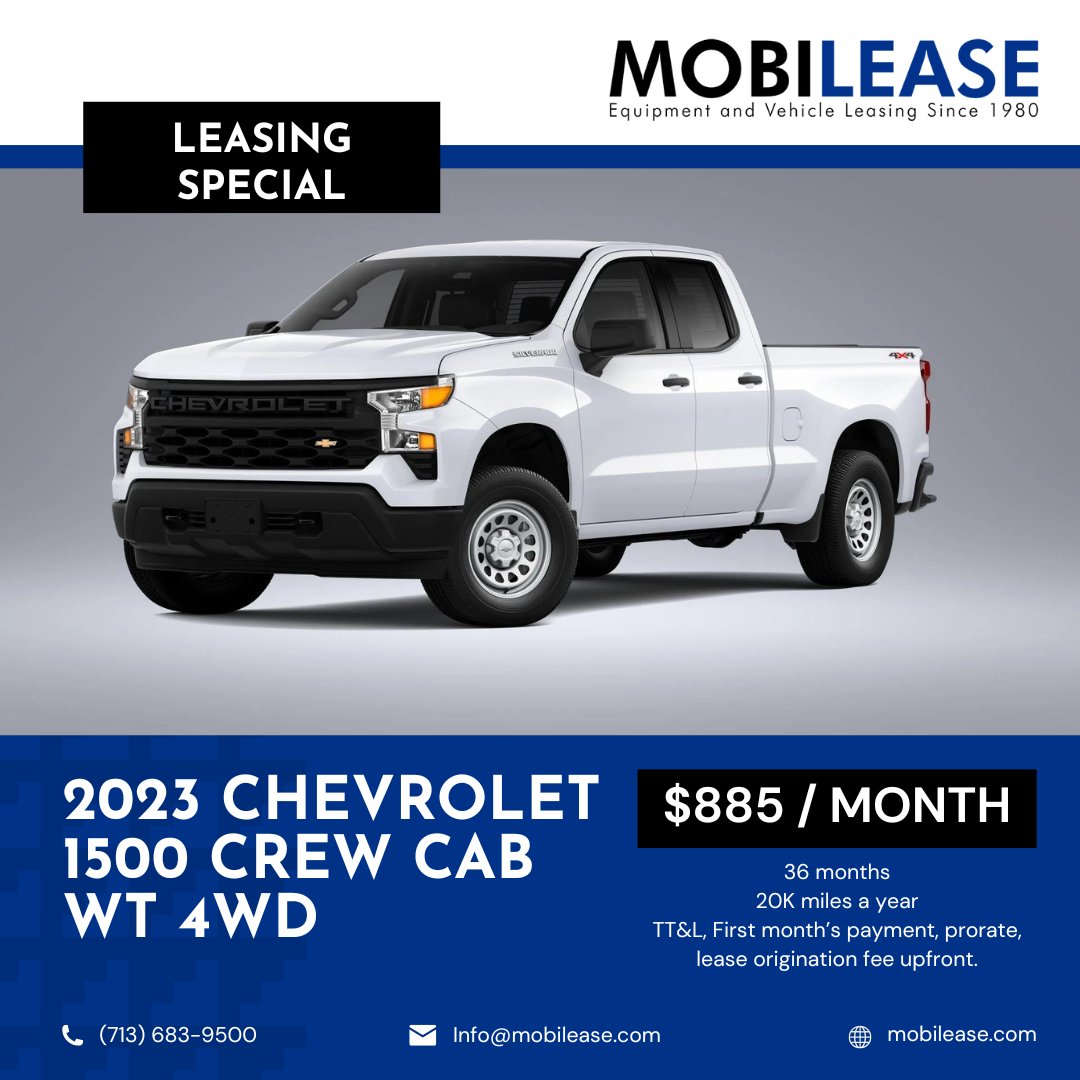 MobileaseTx's tweet photo. Lease the powerful 2023 Chevrolet 1500 Crew Cab WT 4WD from Mobilease and experience the ultimate driving experience! Get it for only $885 per month. Limited stock available, so act fast! #Chevrolet1500 #LeaseSpecial #Mobilease #Truck #Silverado #Chevy https://t.co/jd82R3vsQA