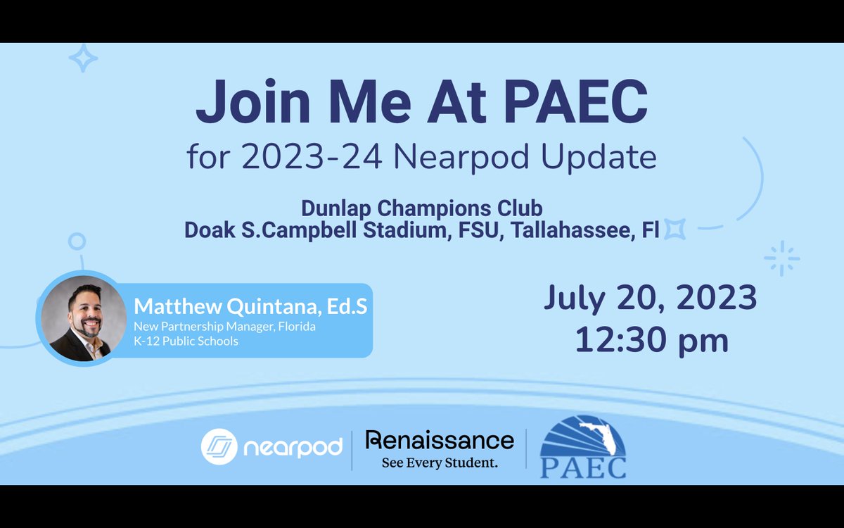 Matthew Quintana (@quintana_matt) on Twitter photo Tomorrow, at PAEC, please join me for a quick presentation about Nearpod. Interested to learn more?  Stop by my table at Doak S. Campbell Stadium, Dunlap Champions Club. Find me between Bobby Bowden and Roberto Aguayo! Not at PAEC? Let's connect and chat. #see #every #student Tomorrow, at PAEC, please join me for a quick presentation about Nearpod. Interested to learn more?  Stop by my table at Doak S. Campbell Stadium, Dunlap Champions Club. Find me between Bobby Bowden and Roberto Aguayo! Not at PAEC? Let's connect and chat. #see #every #student