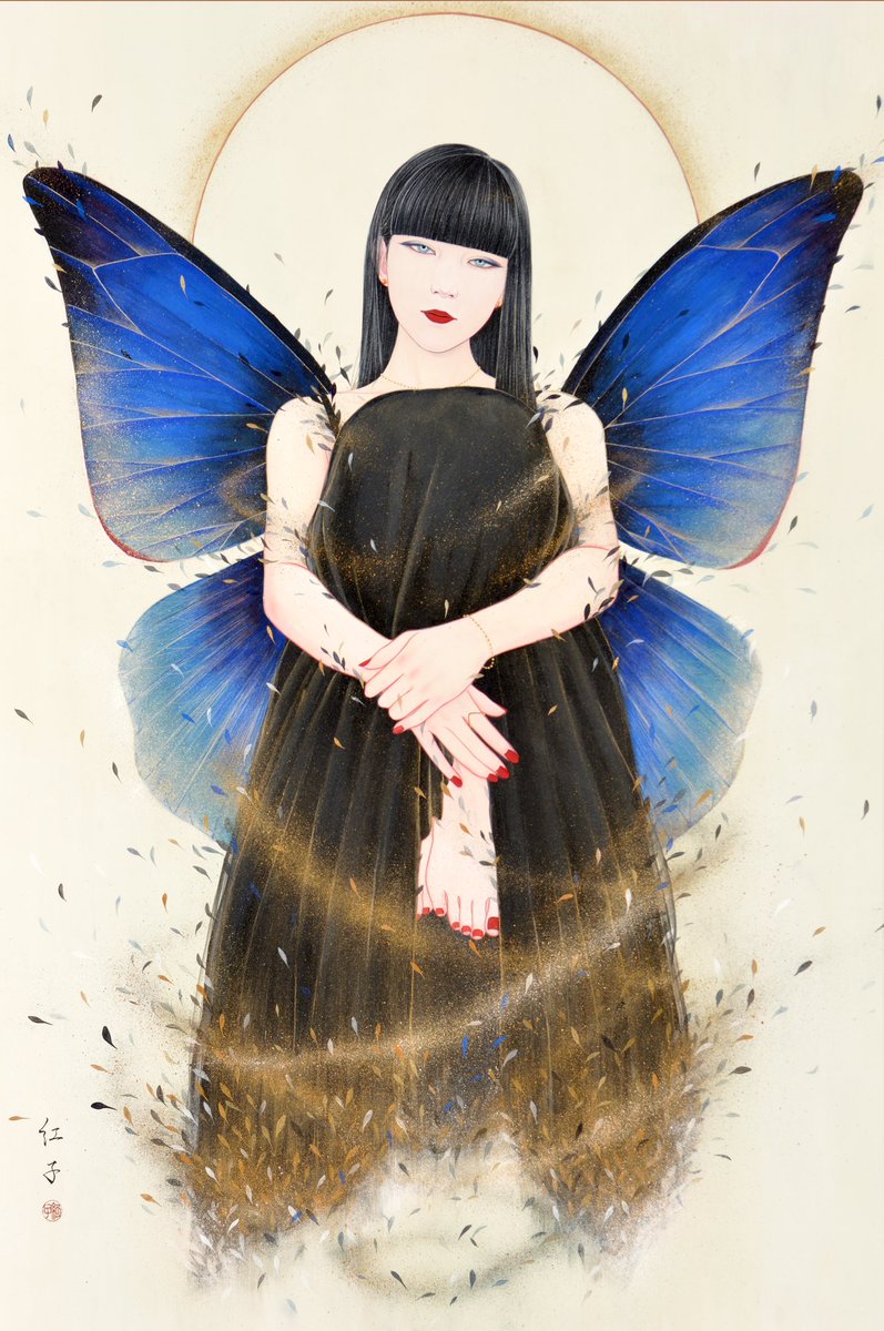 1girl wings solo black hair butterfly wings long hair blunt bangs  illustration images