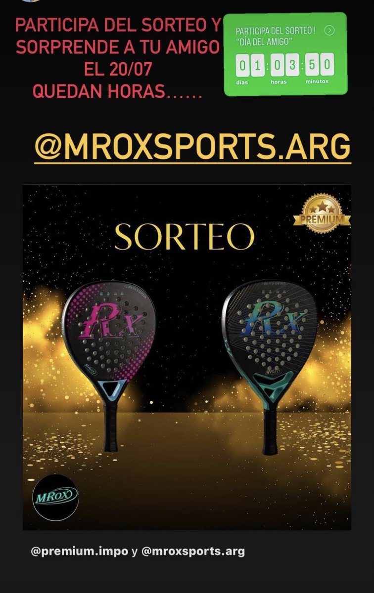 diegomunitz's tweet photo. Para el “Día del amigo” participa del sorteo y gana la paleta “MRox”
Anótate junto a él en IG @premium.impo 
 @mroxsports.arg 
Quedan pocas horas…. https://t.co/NwzOT8hsGf