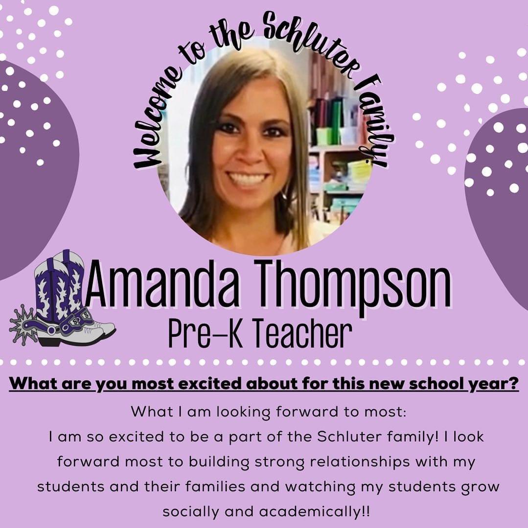 💜 Welcome Wednesday 💜 Please say hello to Amanda Thompson, our new Pre-K teacher! Welcome to the Schluter Family!
<a href="/NorthwestISD/">Northwest ISD</a> #WelcomeWednesday #spurs4life #schluterstrong #schluterelem