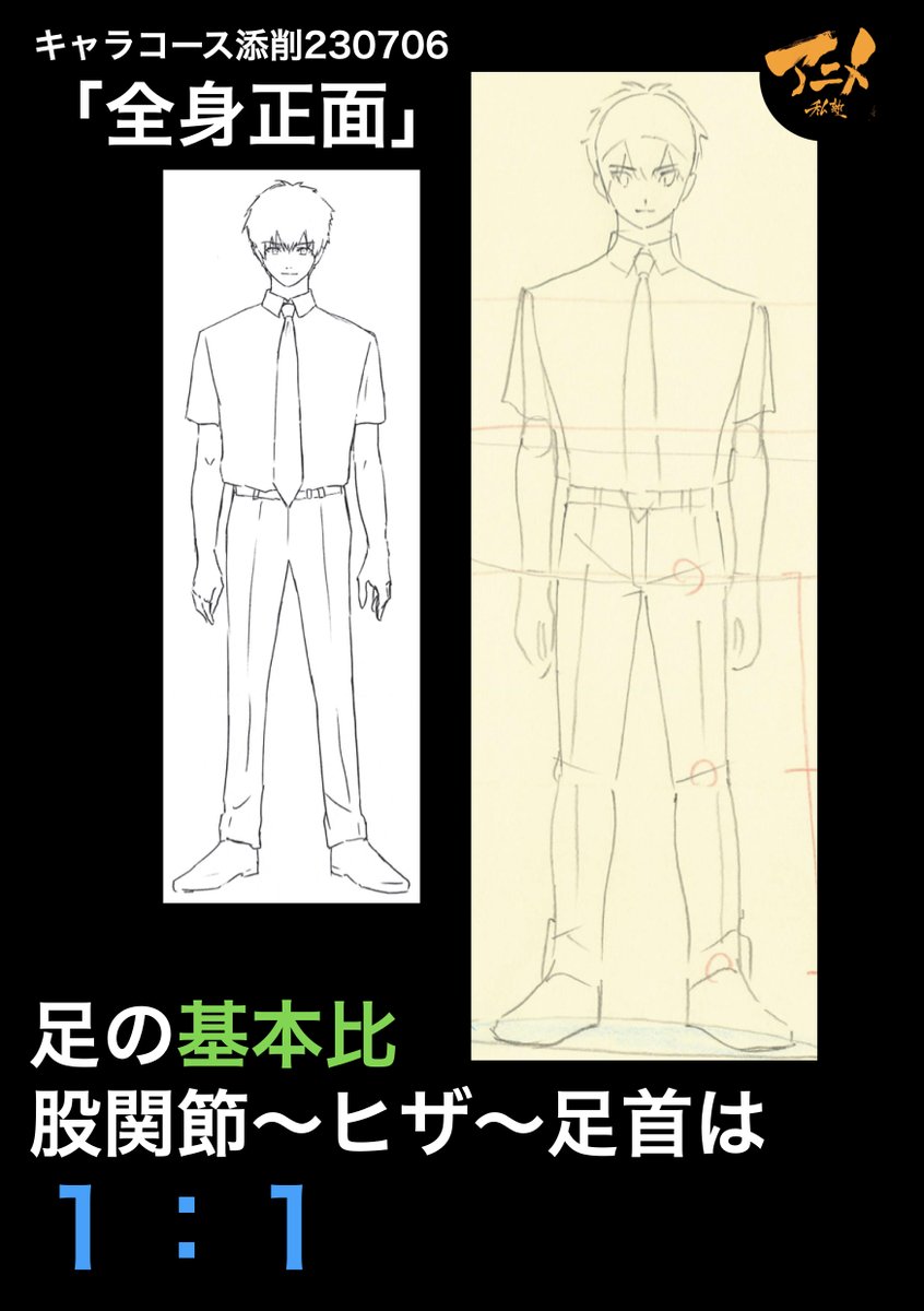 キャラコース添削230706「全身正面」 ●足の基本比、股関節〜ヒザ〜足首は1:1