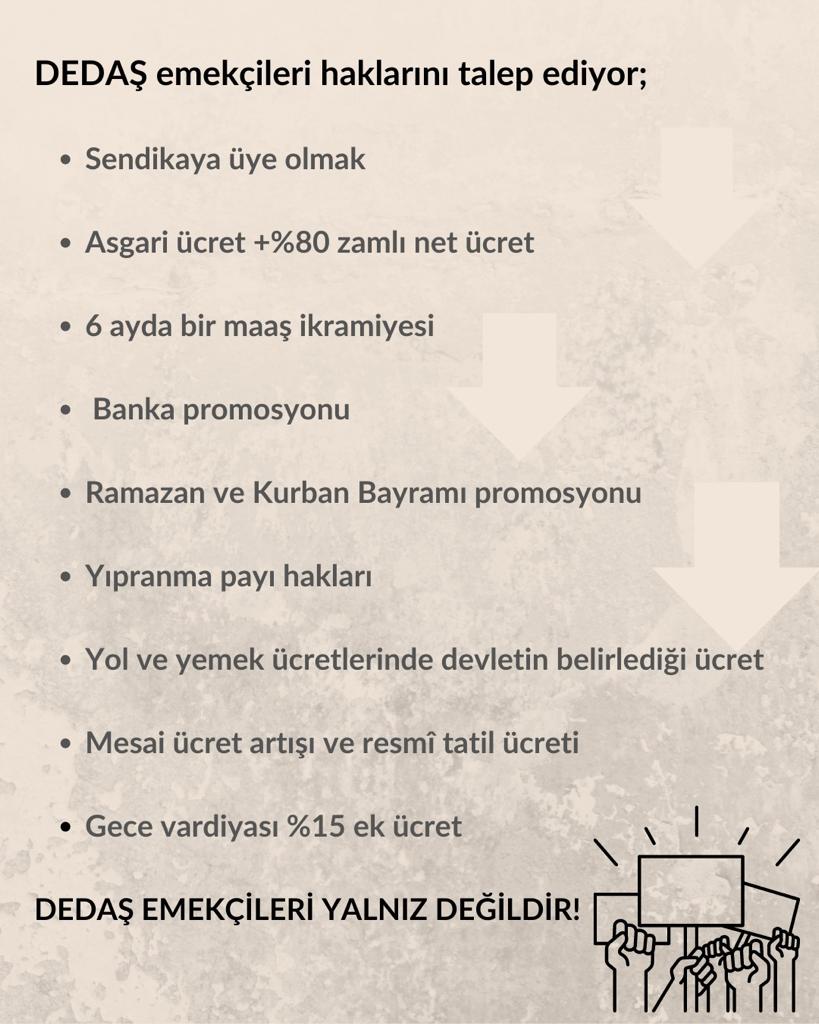 TipEmek's tweet photo. Sendikal örgütlenme mücadelesi veren Dedaş işçilerinin haklı taleplerini herkes görmeli, destek olmalı: Sendika üyeliği, ücretlerde iyileştirme, yol-yemek ücreti artışı, yıllık izin, yıpranma payı, 6 ayda bir zam, gece çalışma için ek ücret... 2/2 #DEDASISCISIHAKKINIISTIYOR https://t.co/c7fUX5BIBn