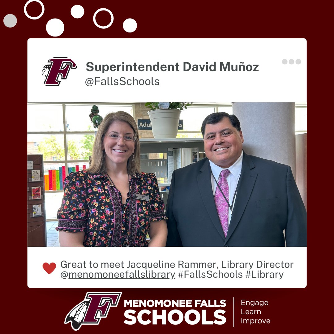 📚 Superintendent of Schools David Muñoz has had a busy first week learning about Falls Schools and the community.  Today, he met with Jacqueline Rammer, Library Director of Menomonee Falls Library. #FallsSchools #FallsPride #library