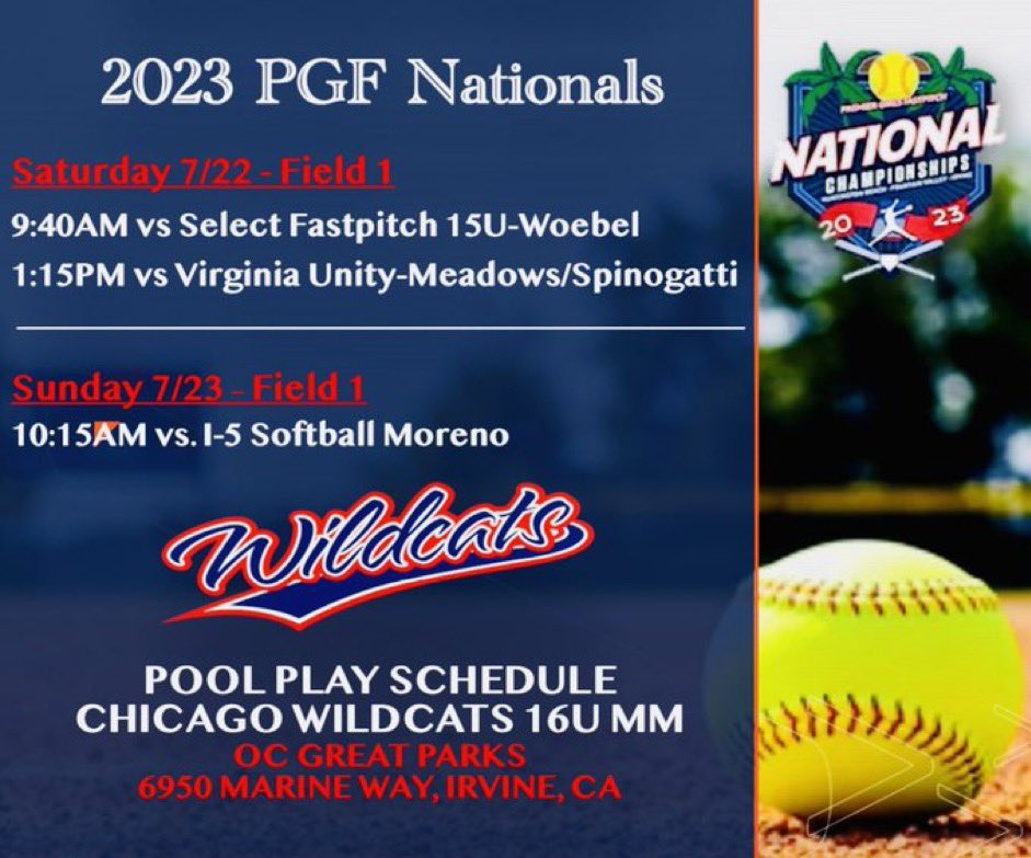 osbeals's tweet photo. Excited for our last tournament of the summer! Here’s our schedule for PGF Nationals in Cali!! @SoftballUscga @MuskiesSB @Maritime_Bucs @JenConsaul @ArmyWP_Softball @MGWildcats @coachprince27 https://t.co/SDb52PpupX