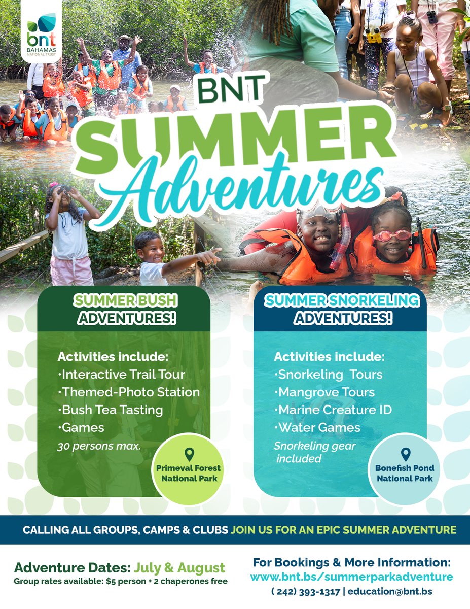 Looking for some summer fun? Join the BNT's Summer Park Adventures program! Learn more and register your group for an epic experience at Primeval Forest or Bonefish Pond National Park: bnt.bs/summerparkadve…