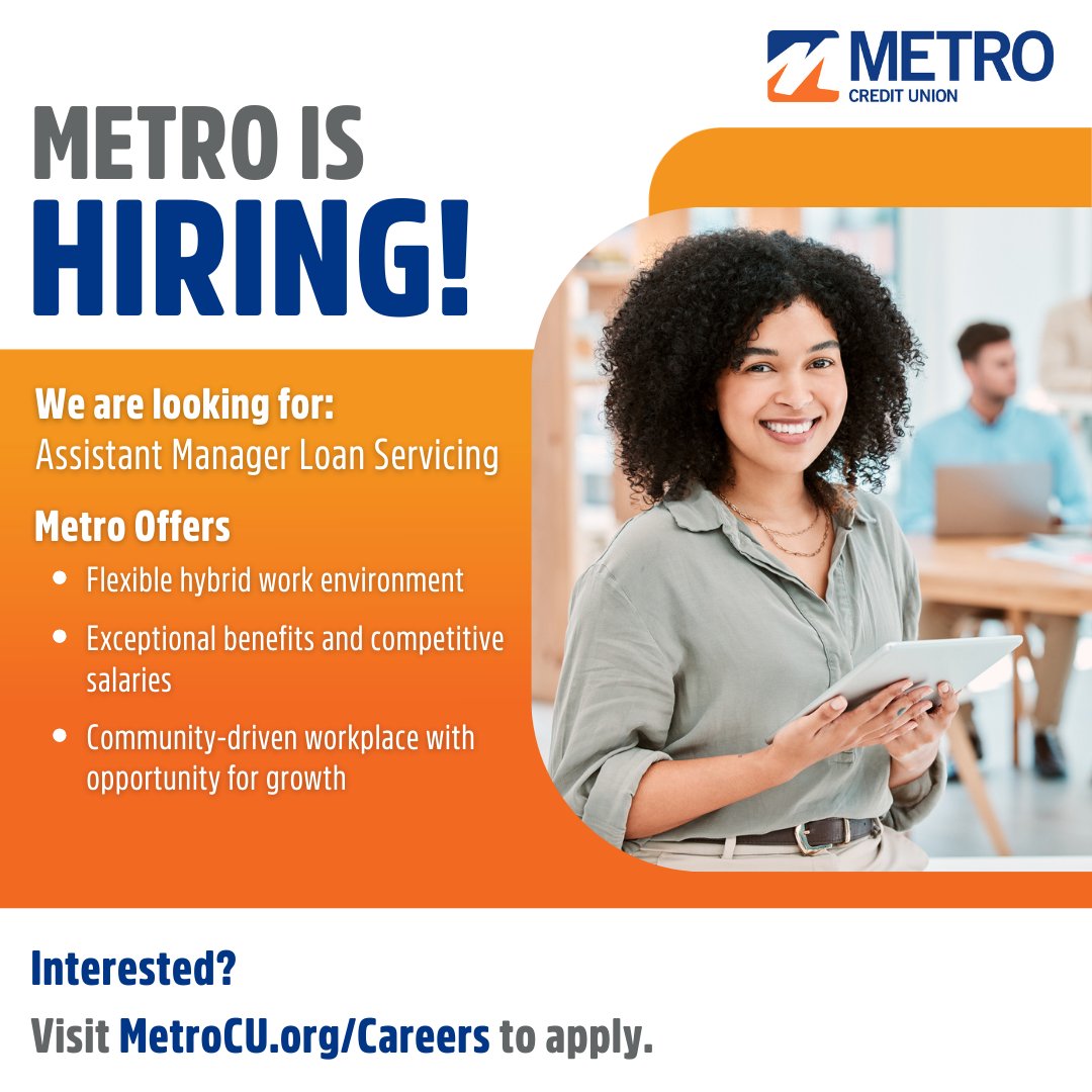 We’re looking for an Asst. Manager Loan Servicing to join the Metro team! Check out our #careers page for more details & apply! ow.ly/b4xx50PgE5Q 
#financialservices #creditunions #retailbanking #jobopenings #joblistings #recruiting