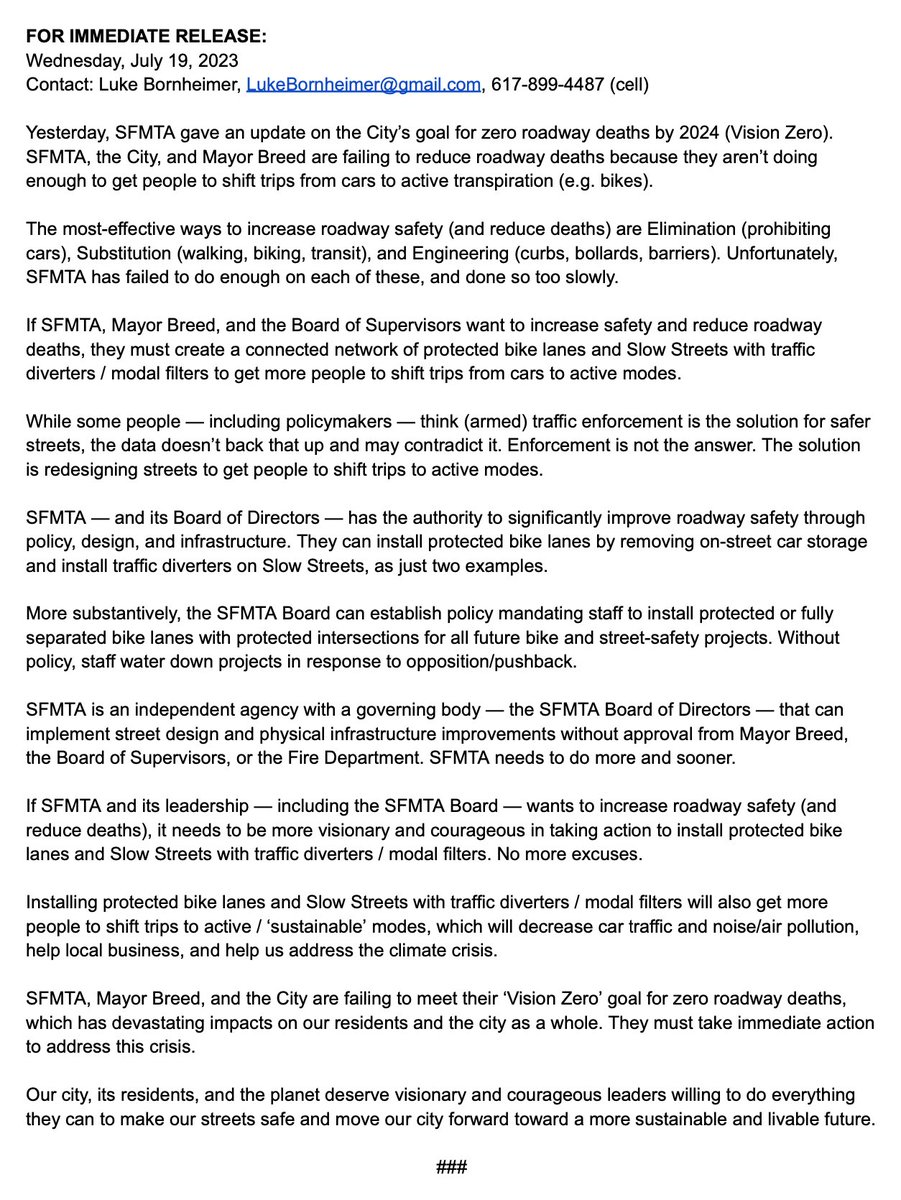 SFMTA, Mayor Breed, and the City are failing to meet their ‘Vision Zero’ goal for zero roadway deaths, which has devastating impacts on our residents and the city as a whole. They must take immediate action to address this crisis. My full statement here: docs.google.com/document/d/e/2…